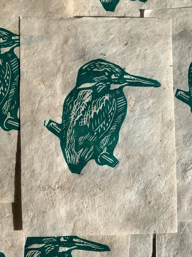 Lino Print Kingfisher On Handmade Paper
