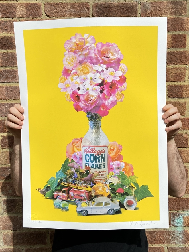 "Cornflake" Collage Hand Pulled Screen Print - mixture of collage and still life showing a cornflake bottle surrounded by toys and flowers 