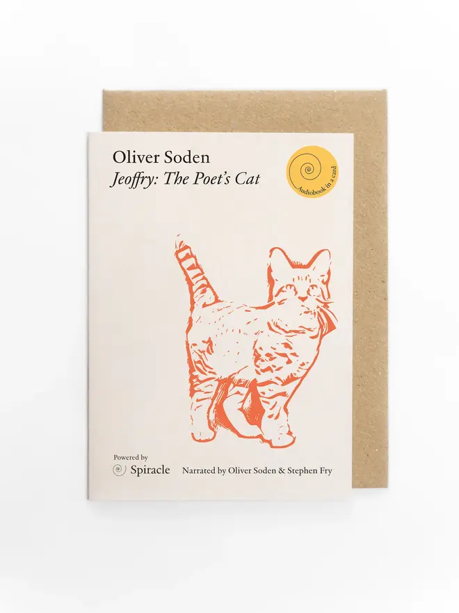 Jeoffry: The Poet's Cat By Oliver Soden Audiobook In A Card, on a white background. 