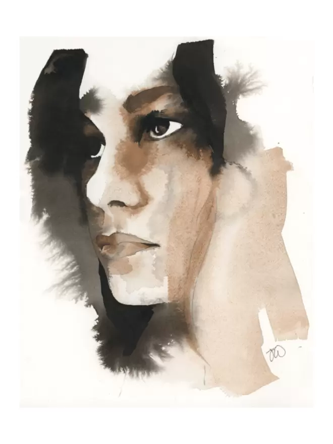full image of this portrait - a woman painted in black and brown tones.