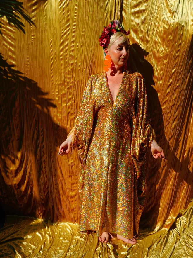Gold Holographic Sequin V-neck Kaftan Gown