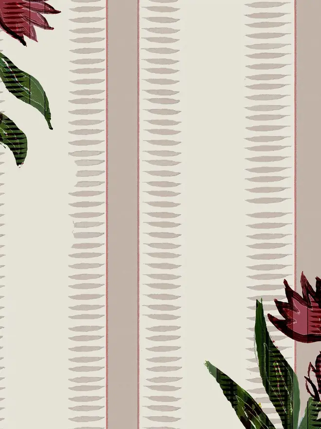 vintage dianthus illustrated wall paper. a cream striped wallpaper with illustrated dianthus flowers.