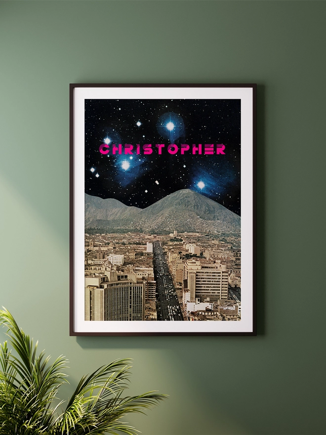 A personalised retro space print featuring a faraway planet deep in space. A bold name in hot pink sits among the stars.