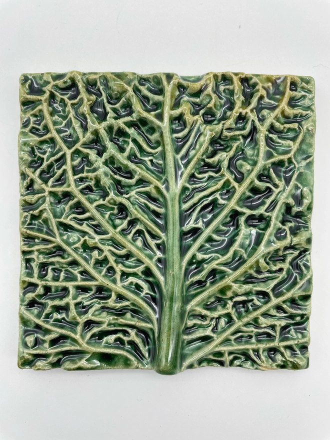 Handmade ceramic tile taken from a plaster cast of a real savoy cabbage leaf, showing a prominent central ’rib’ with many branching ‘veins’. Very realistic, three-dimensional, with lush coloured glazes.