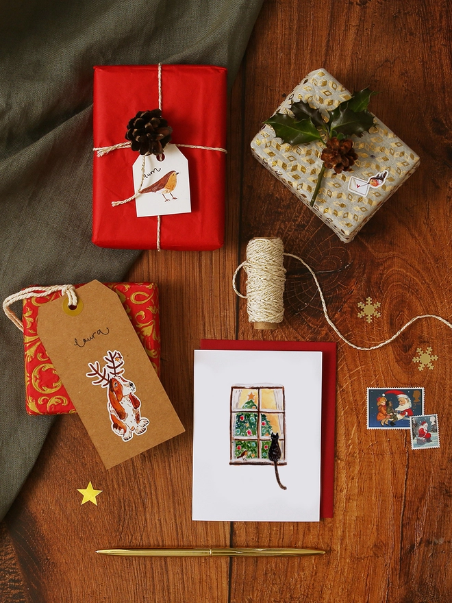 Winter Window Cat and Robin Mini Christmas Card