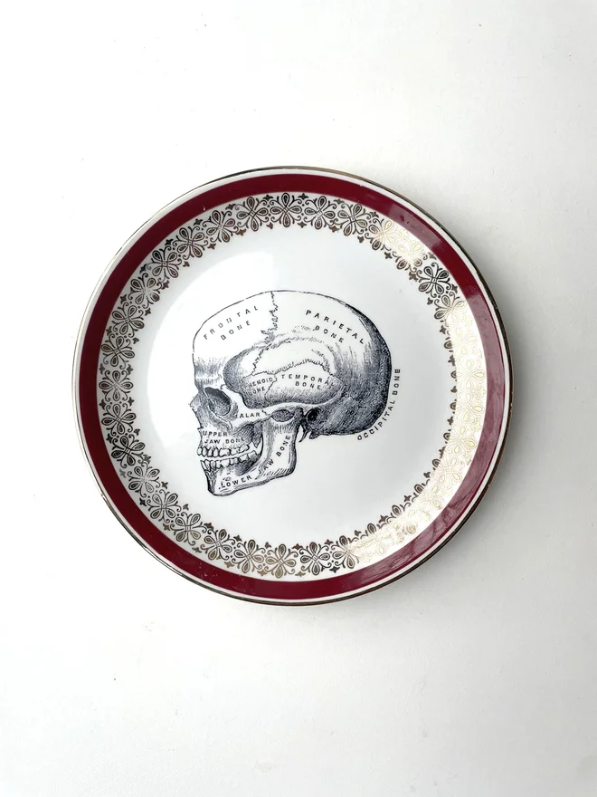 an ornate vintage plate with the image of a skull in the centre