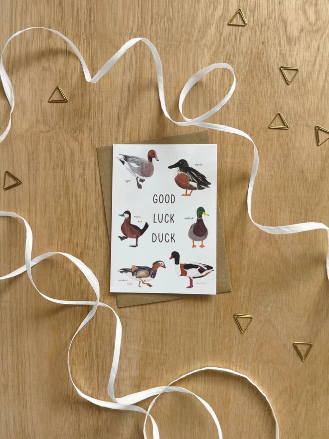 a greetings card featuring a selection of different species of ducks with the phrase “good luck duck”