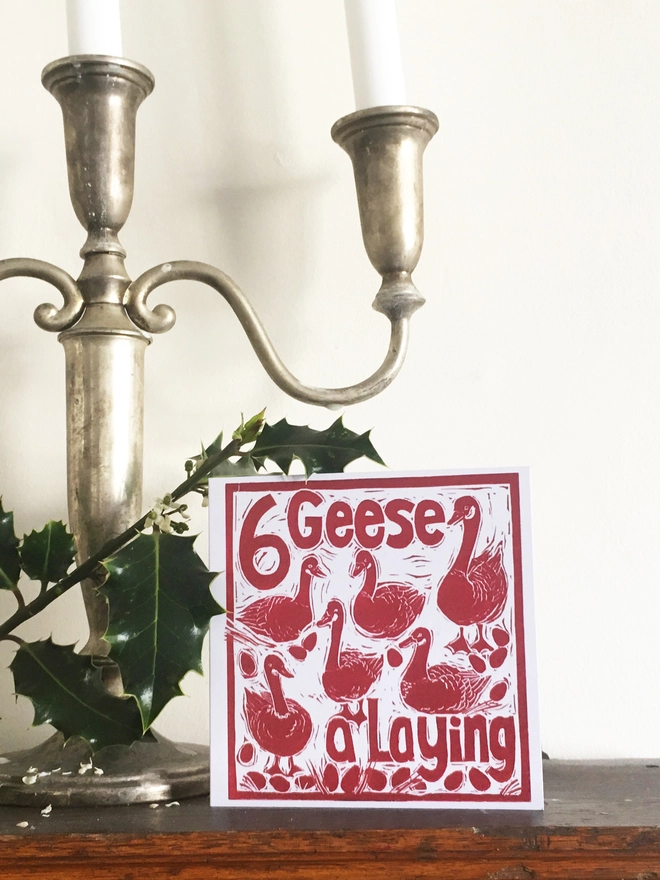 Christmas card Six Geese a Laying The Twelve Days of Christmas linocut design by Kate Guy