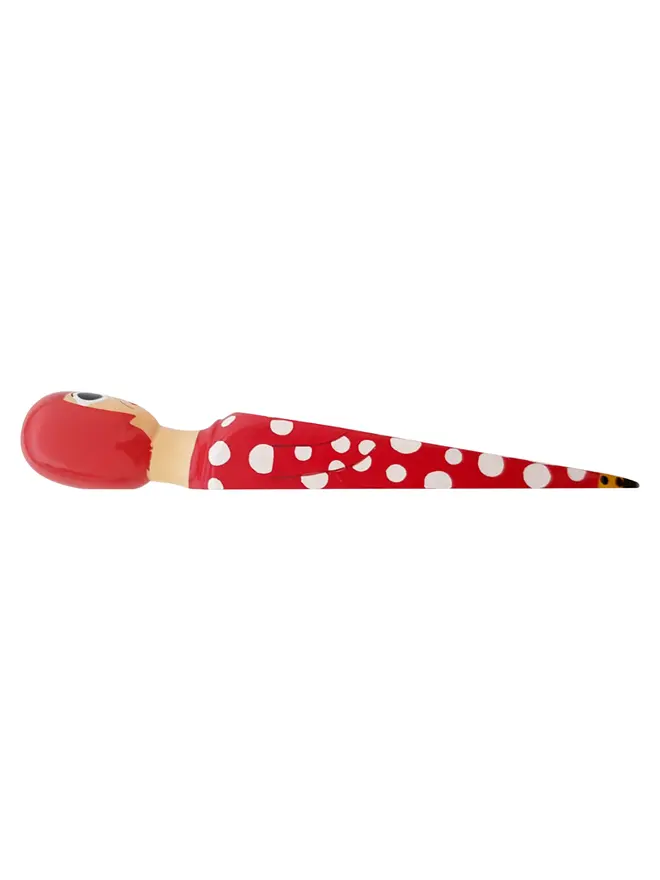 Wooden Door Stopper (Yayoy Red Polka Outfit), a colourful wooden door stop sitting on a plain white surface. 