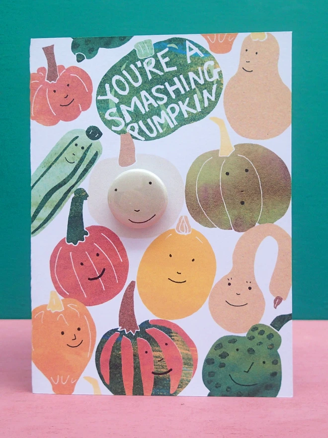 pumpkin, halloween greeting birthday card with pin badge