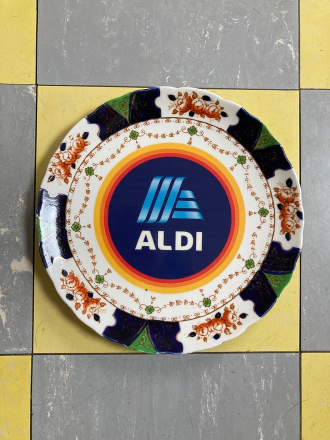 Aldi, china plate, vintage plate, Aldi vintage plate, vintage Aldi plate, hand printed, unique, original, gift, one of a kind, ooak, supermarket chic, humour