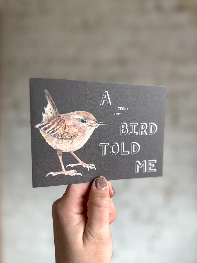 A brown card featuring an illustration of a wren and the text "a teeny tiny bird told me"