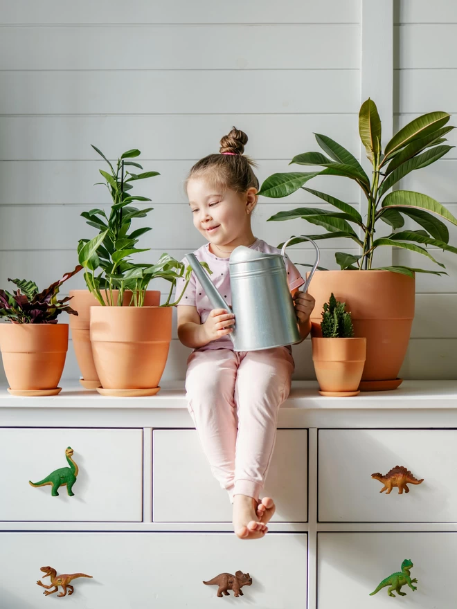 A three year old girl sits in the middle of a chest of white IKEA Hemnes drawers. She holds a watering can and is surrounded by plants in terracotta pots. On the drawers are five dinosaur drawer knobs. The dinosaur knobs are green, brown and orange, they are made of plastic and made by Candy Queen Designs.