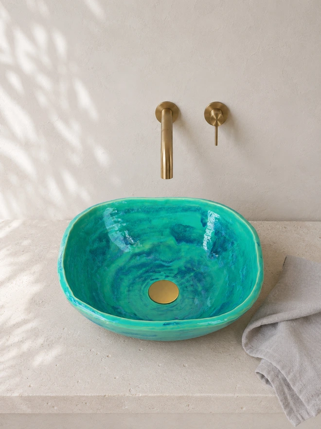 handcrafted bathroom basin green, Jenny Hopps Pottery
