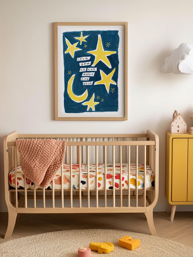 'love you to the moon and back' print. an art print with a blue background, yellow moons and stars and a slogan.