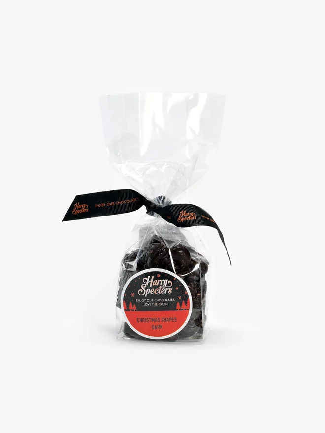 A bag of vegan dark chocolate Christmas shapes by Harry Specters