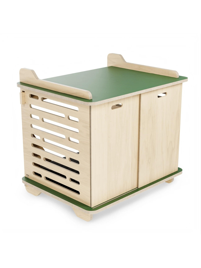 wooden dog crate with green top and base side view exterior with doors