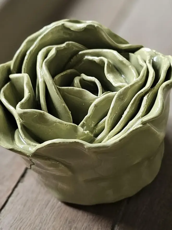 olive green ceramic peony rose flower pottery art decor wall hanging gift 