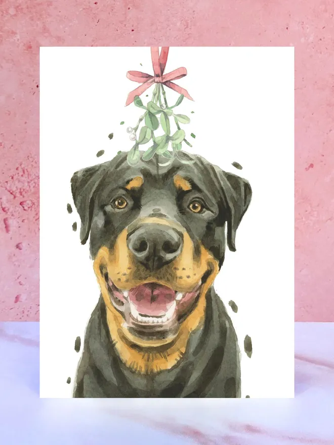 black tan rottweiler dog mistletoe christmas card