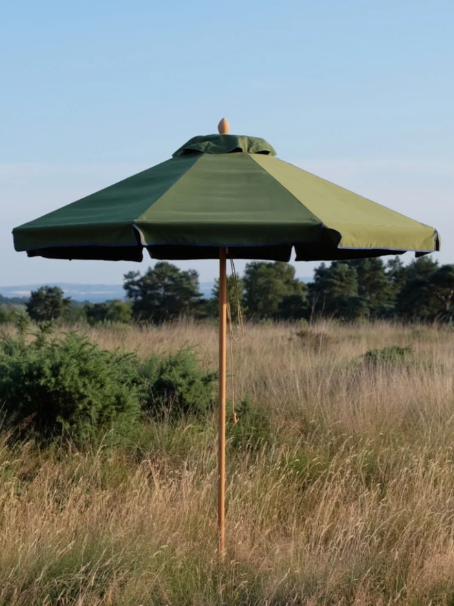 Parasol with Contrast Colour Trim. A parasol in olive green with blue trim