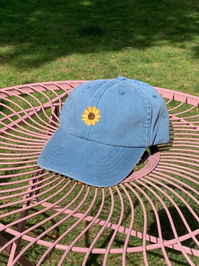 Vintage Canvas Light Denim Cap with Sunflower Design