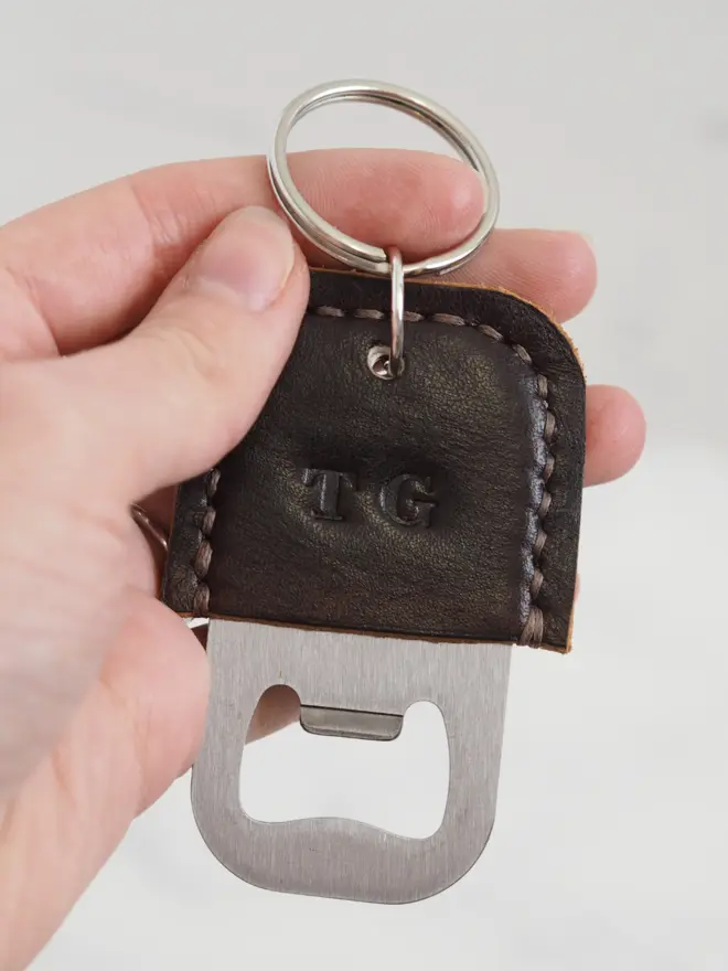 Personalised dark brown leather bottle opener key ring