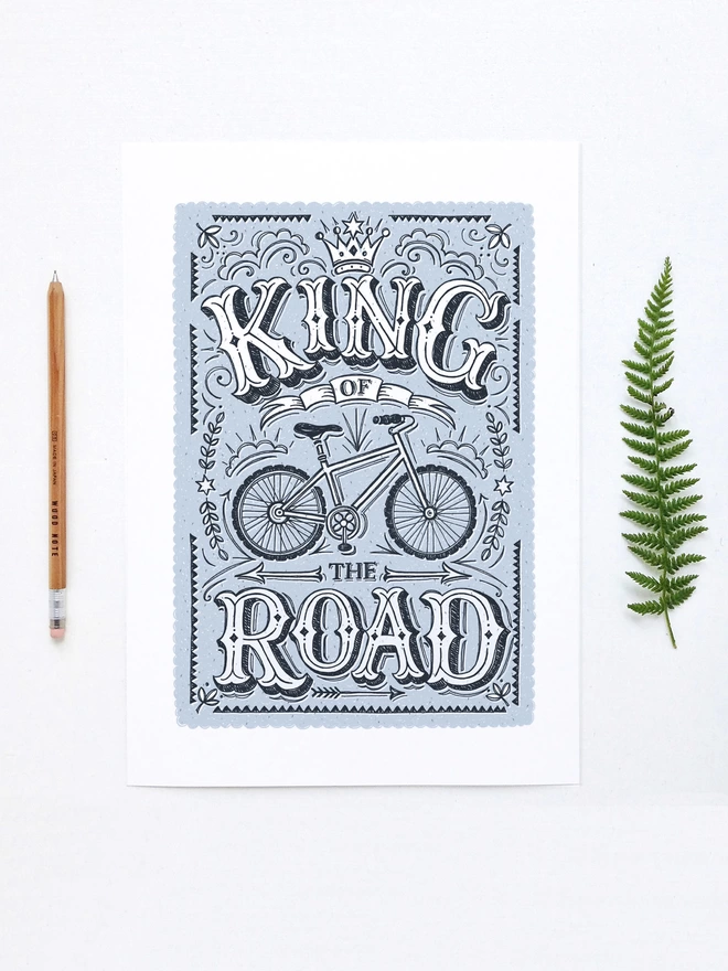 hand lettered blue and white king of the road cycling print