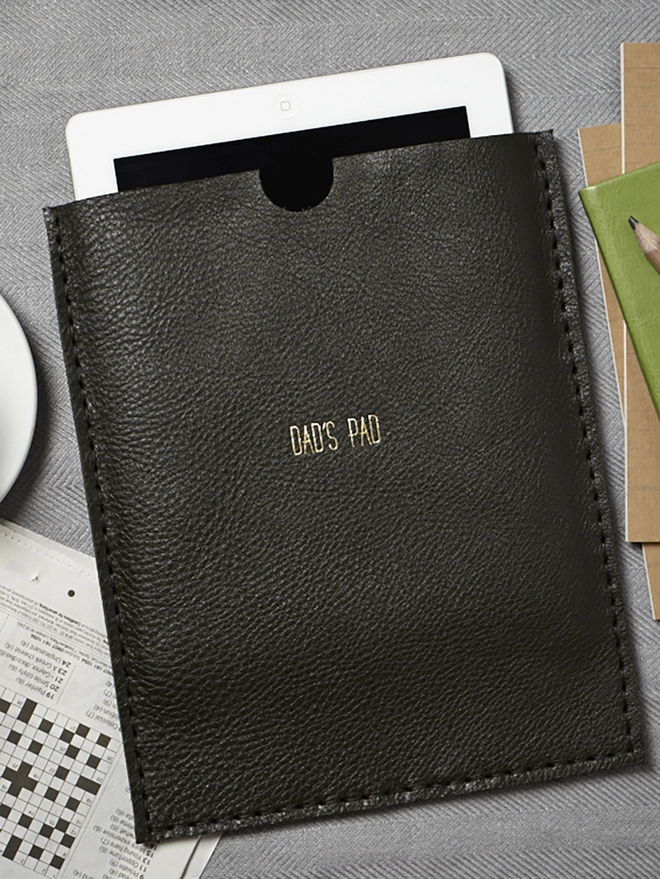 Dark green leather iPad case with Tall font