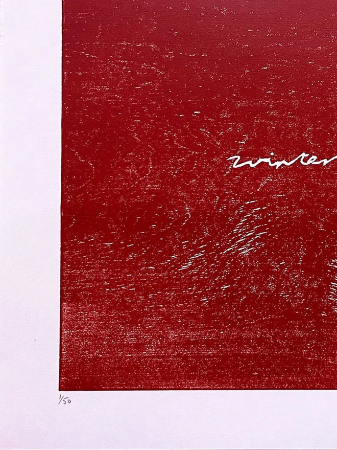 Close up image of 'Winter Sun' woodcut showing the edition