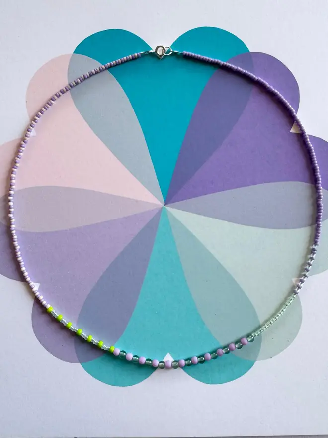 Lilac and Glow in the Dark bead necklace with semi precious stones and glass beads