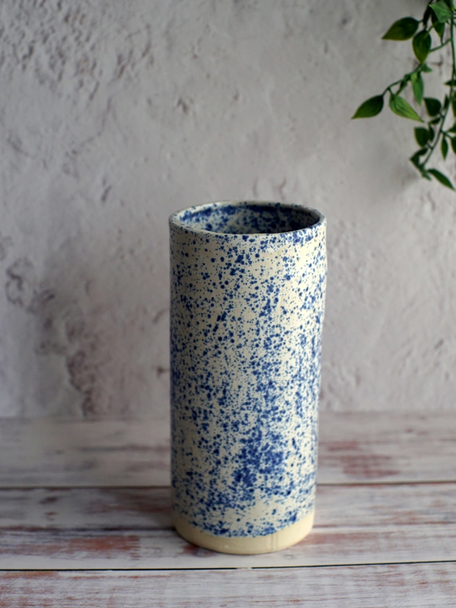 splatter vase, splatterware vase, CERAMIC VASE, large vase, tall vase, blue and white vase, ceramic vase, Jenny Hopps Pottery