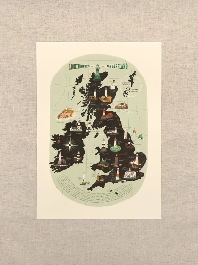 Lighthouses of the United Kingdom Print unframed against a neutral background