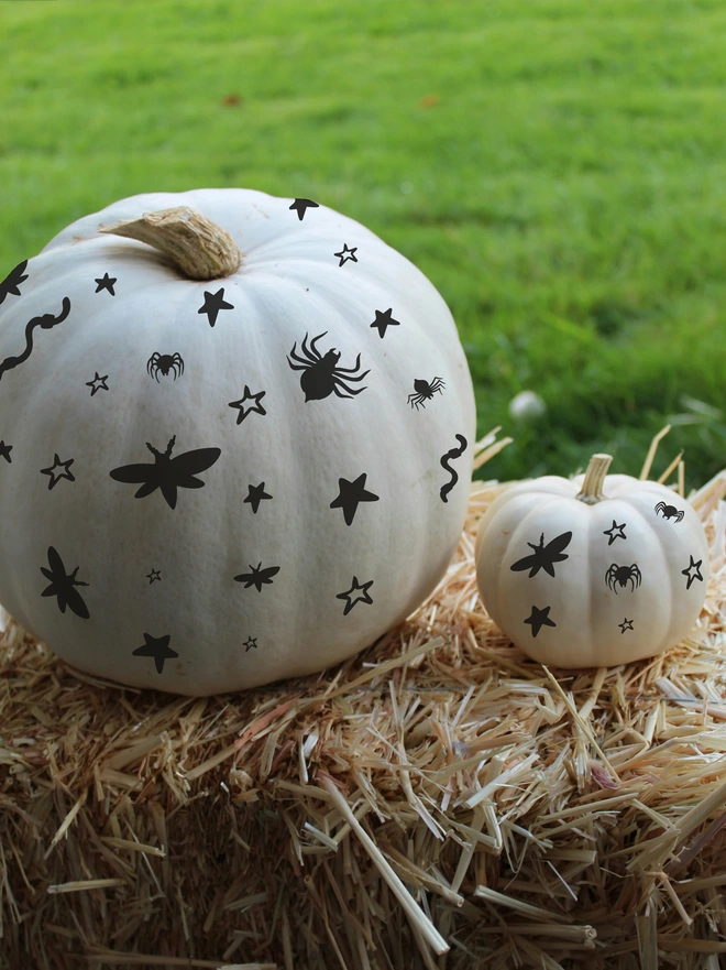Sheet of Joanie & Jeanie pumpkin face stickers for easy no-carve decorating