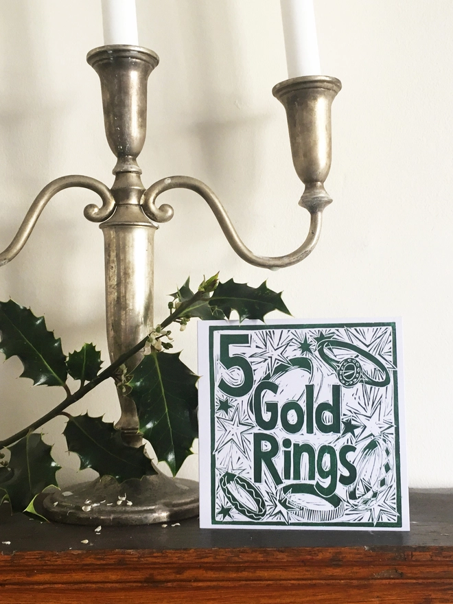 Christmas card Five Gold Rings The Twelve Days of Christmas linocut design by Kate Guy