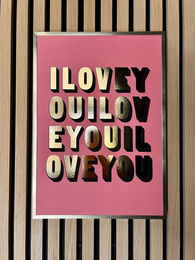 i love you gold metallic print a3 coral background