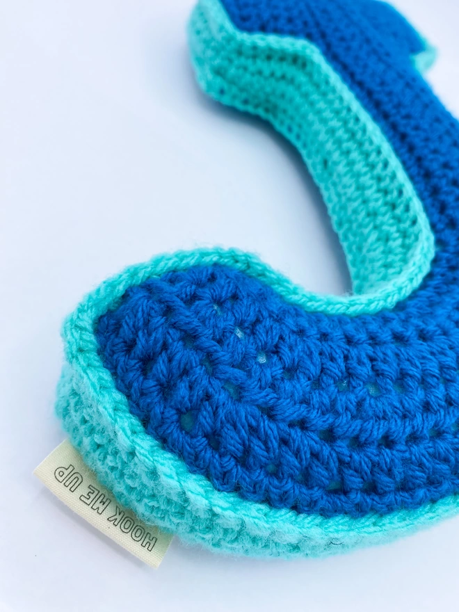 Crochet J Cushion in Blue and Teal, close up
