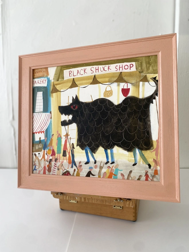 Original oil painting depicting the legendary East Anglian folklore dog, Black Shuck, crafted in a rich folk art style by Suffolk artist Samantha Barnes.