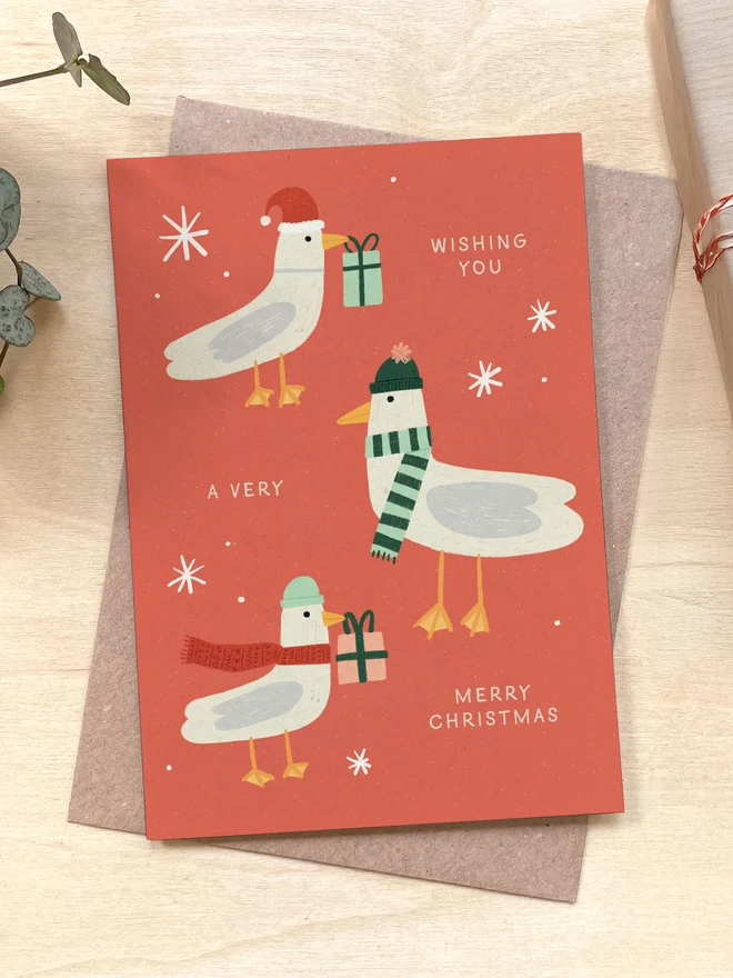 'Very Merry Seagull' Recycled Coffee Cup Christmas Card