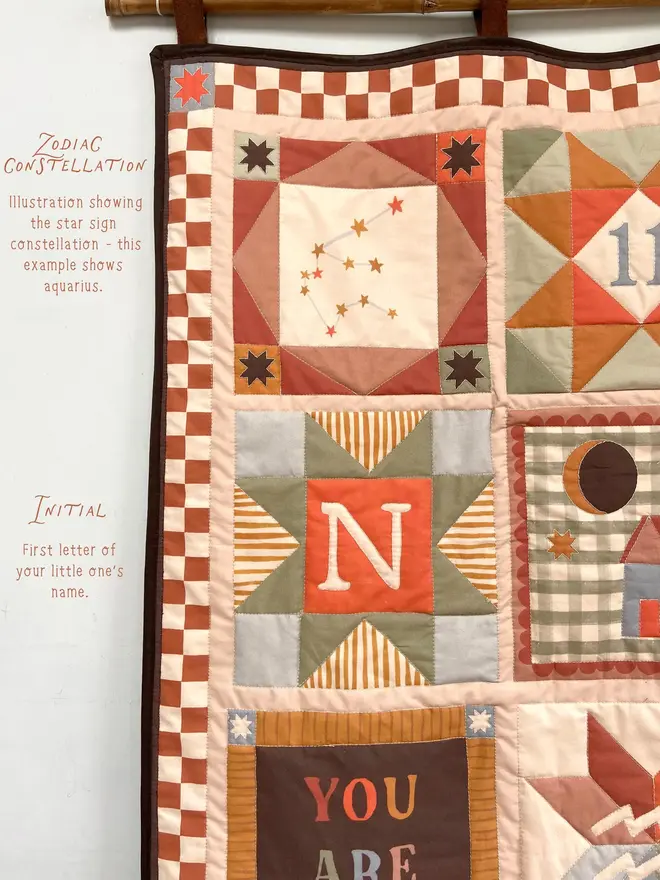 personalised baby quilted wall hanging. a patchwork hanging quilt decoration to commemorate a baby's birth.