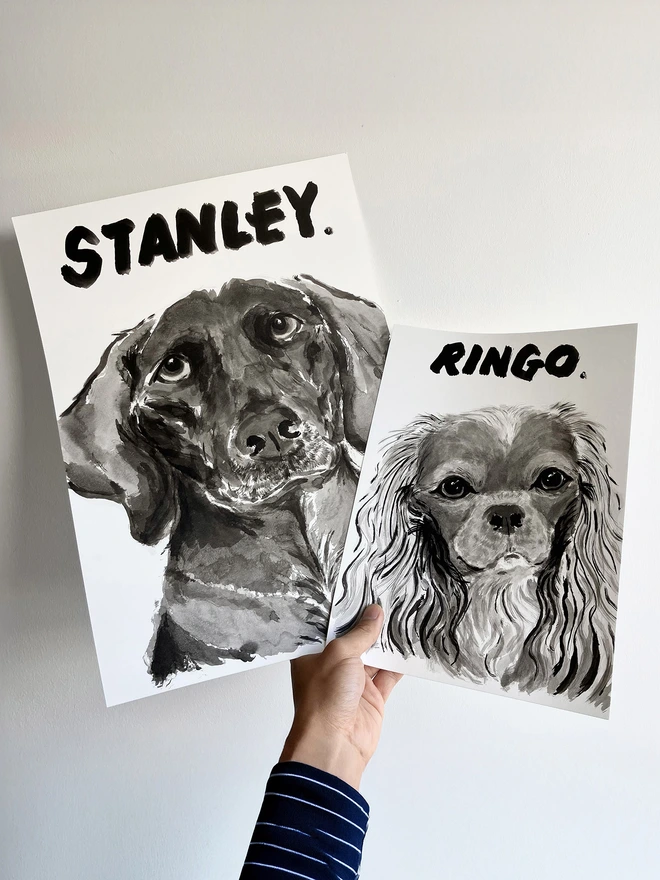 A hand holding up two personalised pet portraits by artist 'Dogs by Jeff'