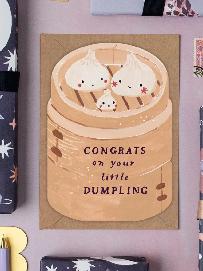 Dumpling New Baby Card styled with other Sister Paper Co greeting cards