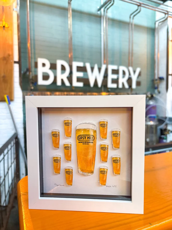 Paper collage featuring a collection of hand-drawn illustrated pint beer glasses, set against a white backdrop. Ideal for beer lovers, breweries, and craft beer enthusiasts, as well as those who appreciate quirky, beer-inspired artwork.