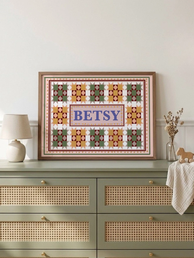 Custom name wall art featuring personalised patchwork print with a child's name taking centre stage, perfect for nursery and children's bedroom decor