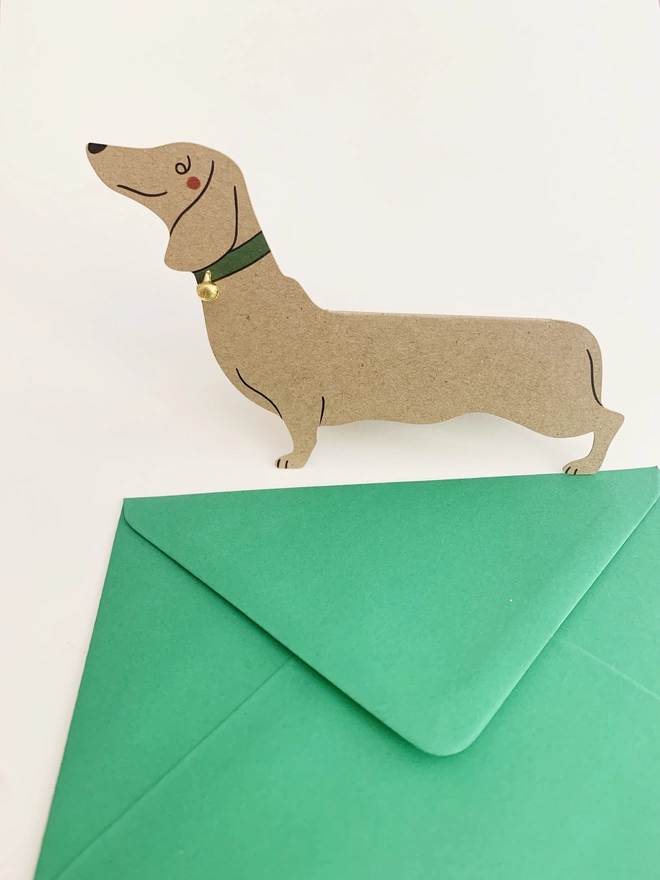 Dachshund dog birthday shaped card with a gold bell By kitty kenda papergoods 