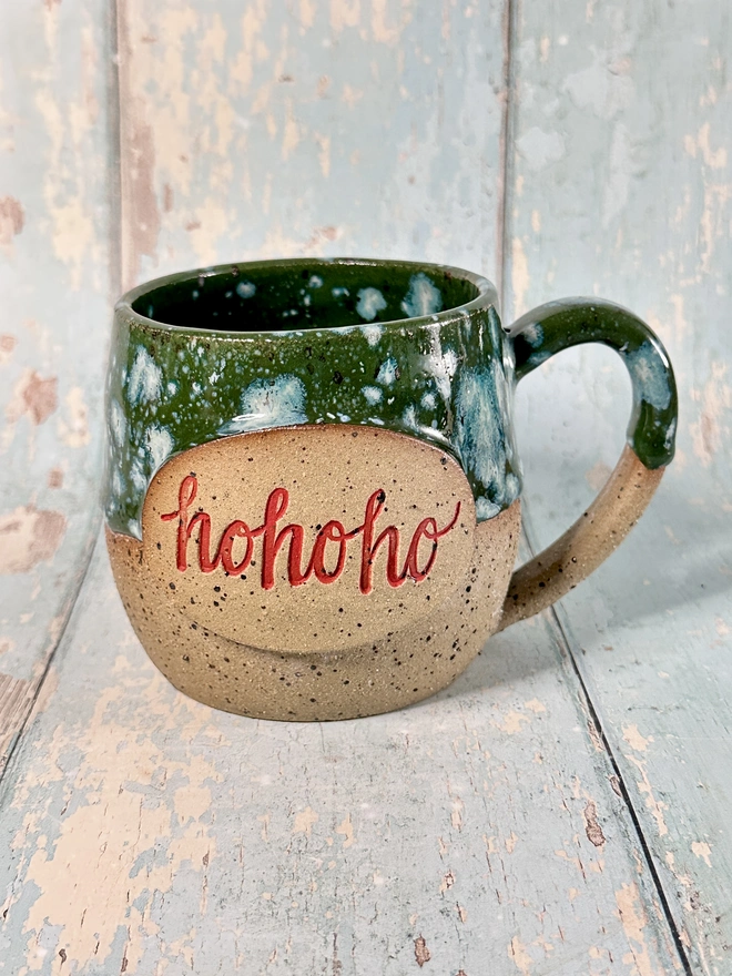 Green Christmas Ho ho ho Mug, Handmade Ceramic Cup 