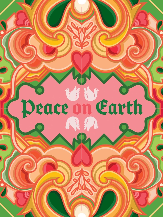 A close up of the centre of the card. An abstract Christmas card design with Peace on Earth at the centre with drawings of two doves above and two below, surrounded by a multi-coloured design on a green background. The card features greens, pinks and oranges.