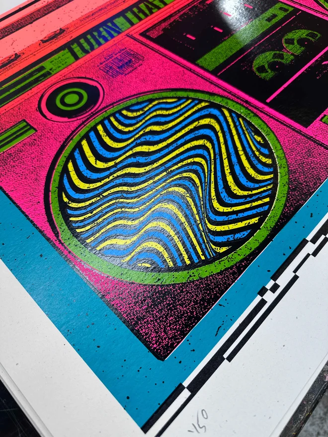 retro 1980s boom box screenprint closeup 