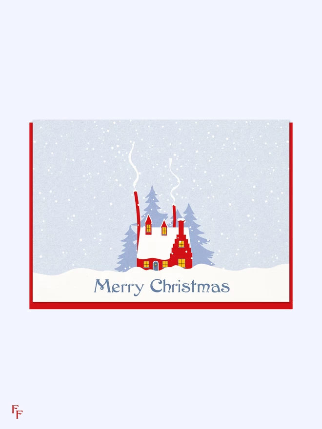 'Merry Christmas' Cabin Illustrated Charity Christmas Card designed by Flora Fricker