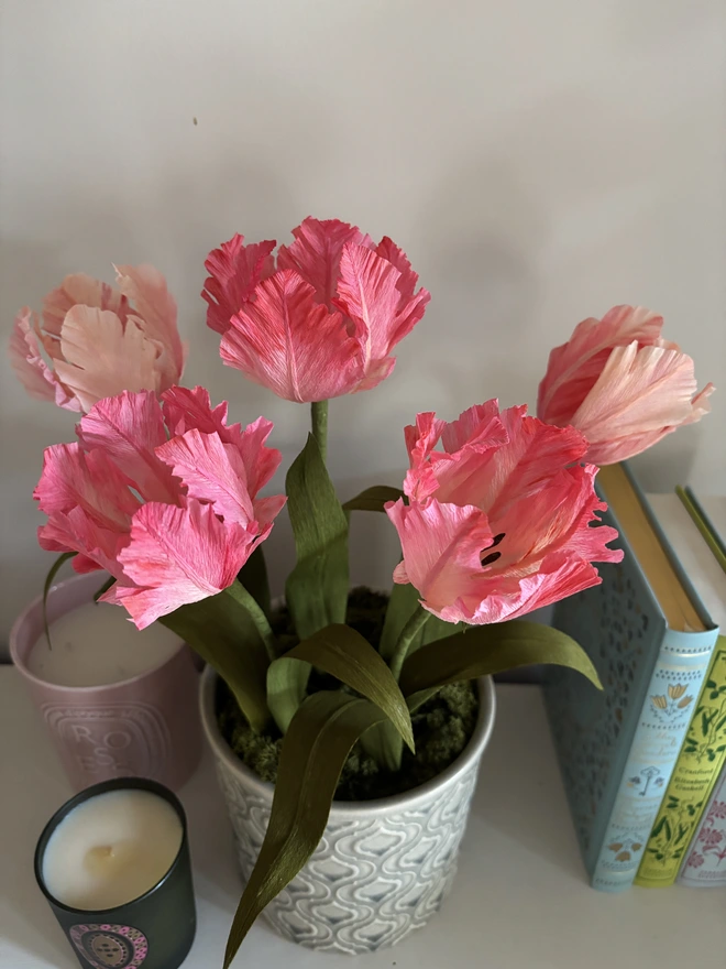 5 paper tulips in pot high shot
