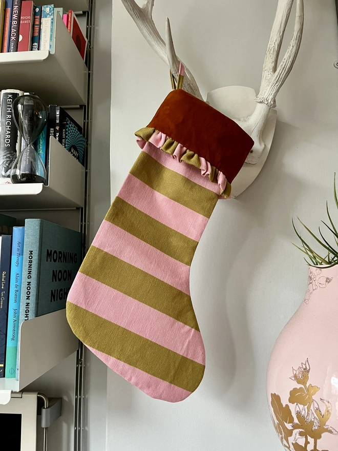 Pink and Olive Stripe with Rust Velvet Cuff and Ruffle